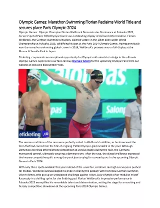 Olympic Games  Marathon Swimming Florian Reclaims World Title and secures place Paris Olympic 2024