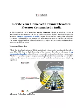 Elevate Your Home With Teknix Elevators_ Elevator Companies In India
