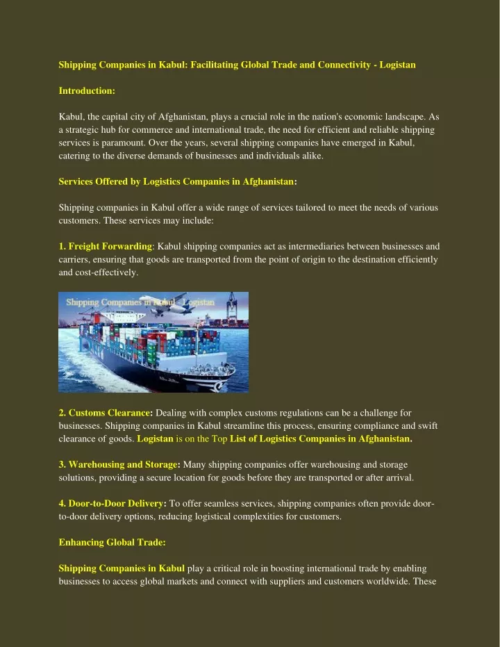 shipping companies in kabul facilitating global