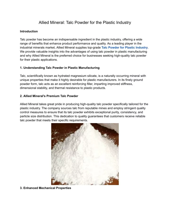 allied mineral talc powder for the plastic