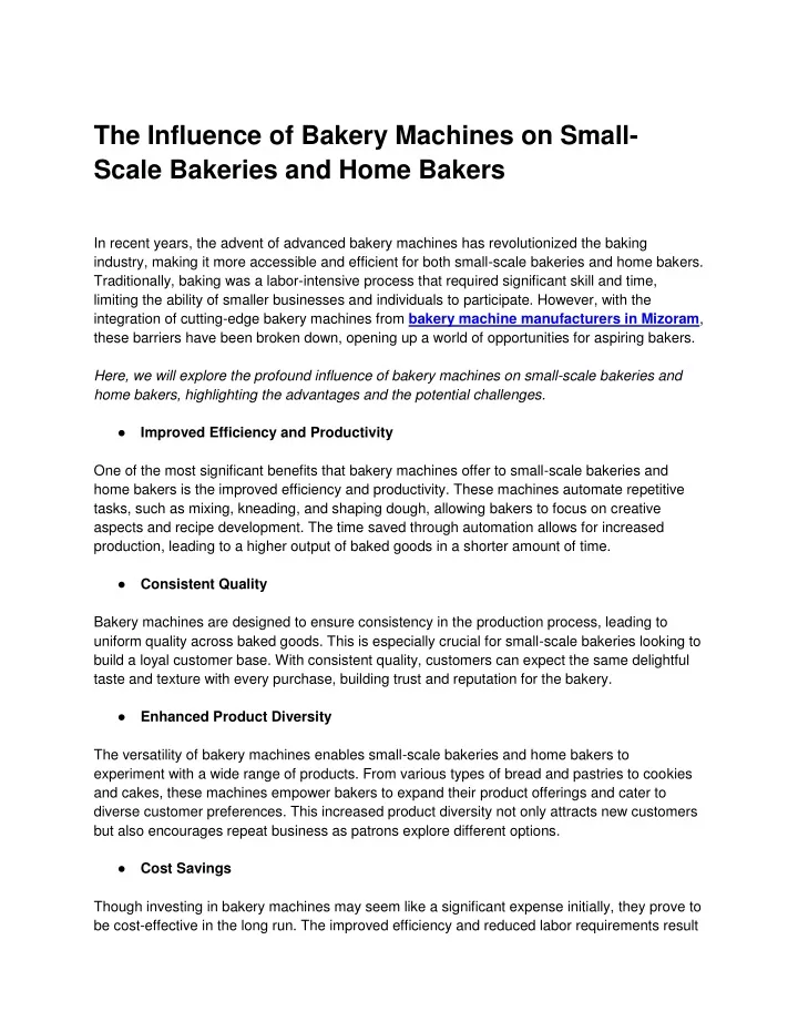 the influence of bakery machines on small scale