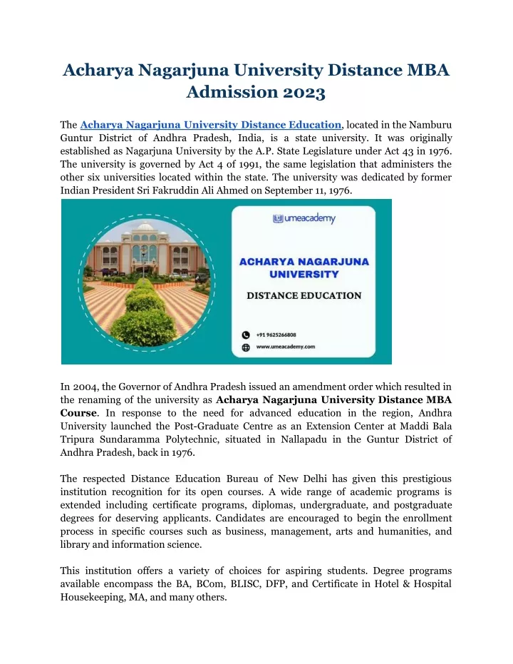PPT - Acharya Nagarjuna University Distance MBA Admission PowerPoint ...