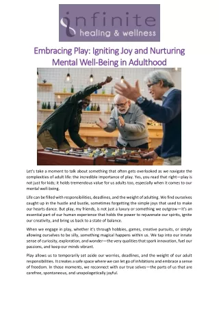 Embracing Play Igniting Joy and Nurturing Mental Well-Being in Adulthood