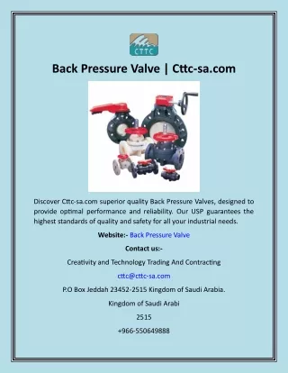 Back Pressure Valve  Cttc-sa