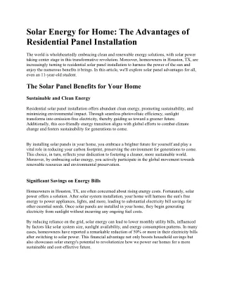 Solar Energy for Home The Advantages of Residential Panel Installation
