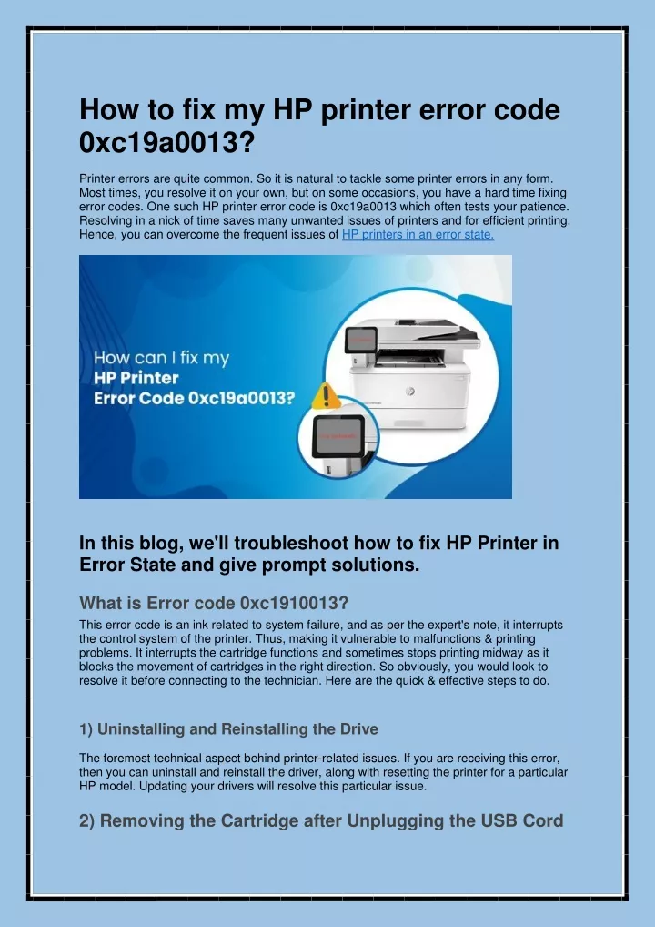 how to fix my hp printer error code 0xc19a0013