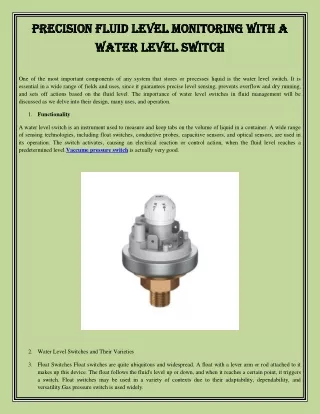 Precision Fluid Level Monitoring with a Water Level Switch