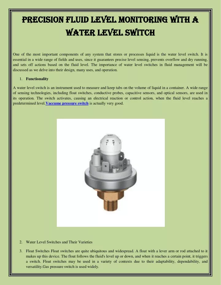 precision fluid level monitoring with a precision