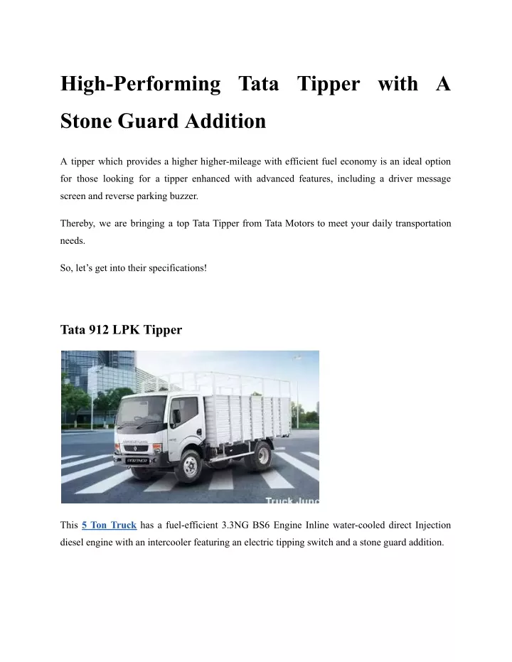 high performing tata tipper with a