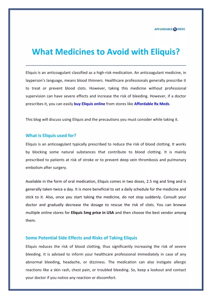 what medicines to avoid with eliquis