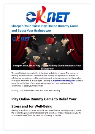 Sharpen Your Skills: Play Online Rummy Game and Boost Your Brainpower