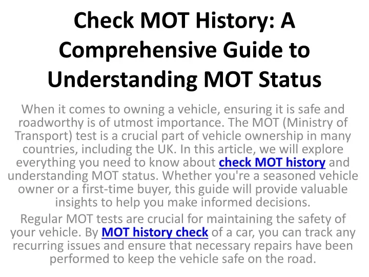 PPT Check MOT History A Comprehensive Guide To Understanding MOT   Check Mot History A Comprehensive Guide To Understanding Mot Status N 