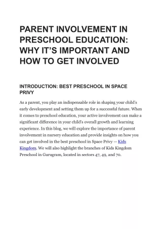 PARENT INVOLVEMENT IN PRESCHOOL EDUCATION | BEST PRESCHOOL IN SPACE PRIVY