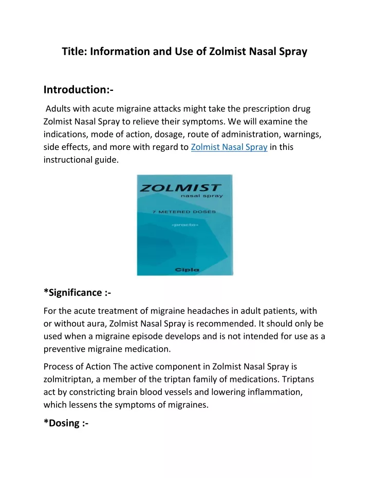 title information and use of zolmist nasal spray