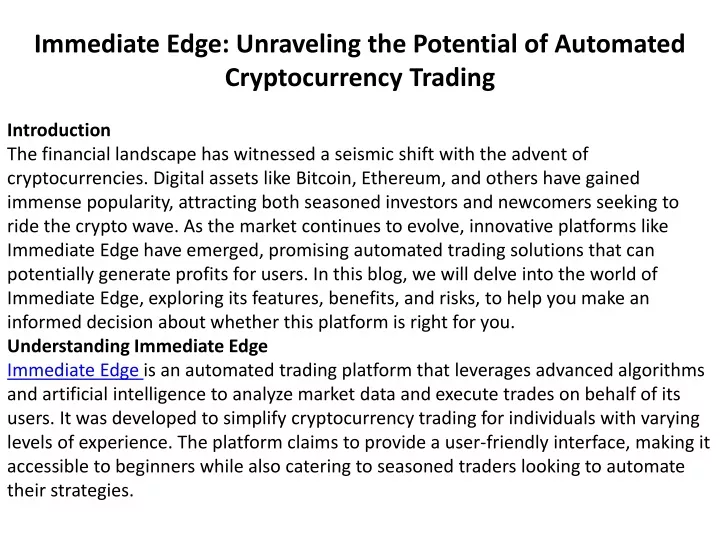 immediate edge unraveling the potential of automated cryptocurrency trading