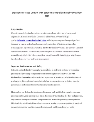 Solenoid controlled relief valve - Electro Hydraulics Controls