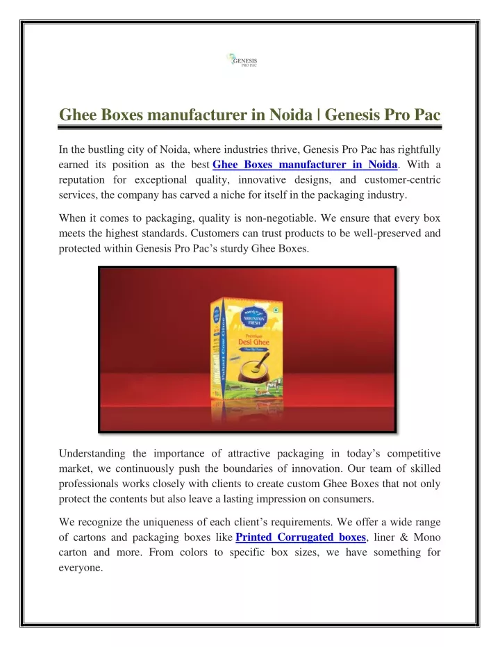 ghee boxes manufacturer in noida genesis pro pac