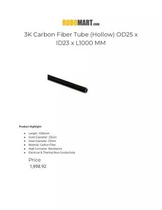 3K Carbon Fiber Tube (Hollow) OD25 x ID23 x L1000 MM