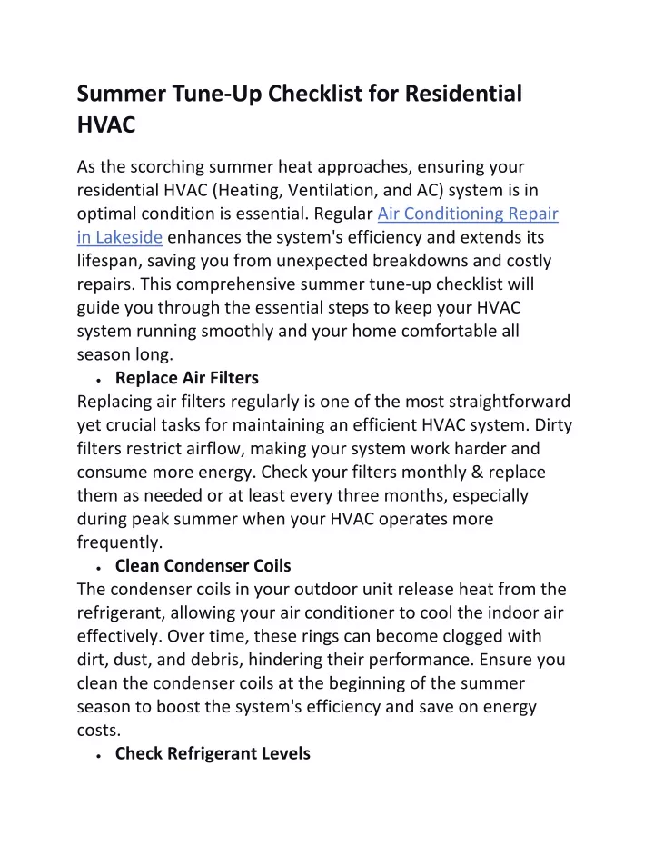 summer tune up checklist for residential hvac