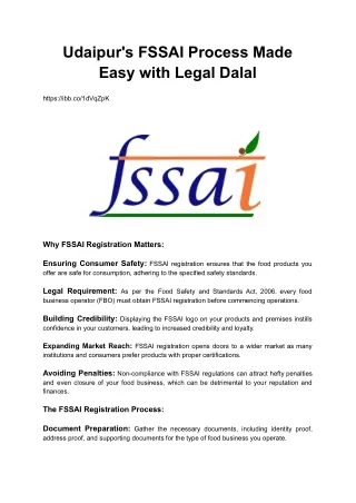Udaipur's FSSAI Process Made Easy with Legal Dalal