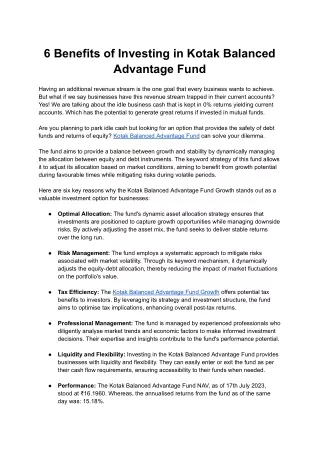 6 Benefits of Investing in Kotak Balanced Advantage Fund