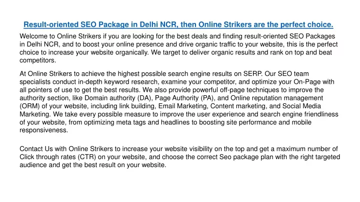 result oriented seo package in delhi ncr then
