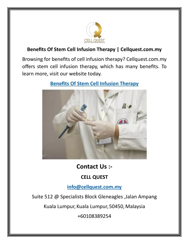 benefits of stem cell infusion therapy cellquest
