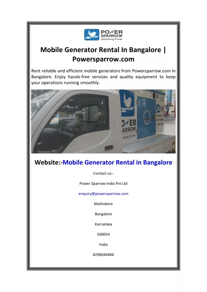 mobile generator rental in bangalore powersparrow