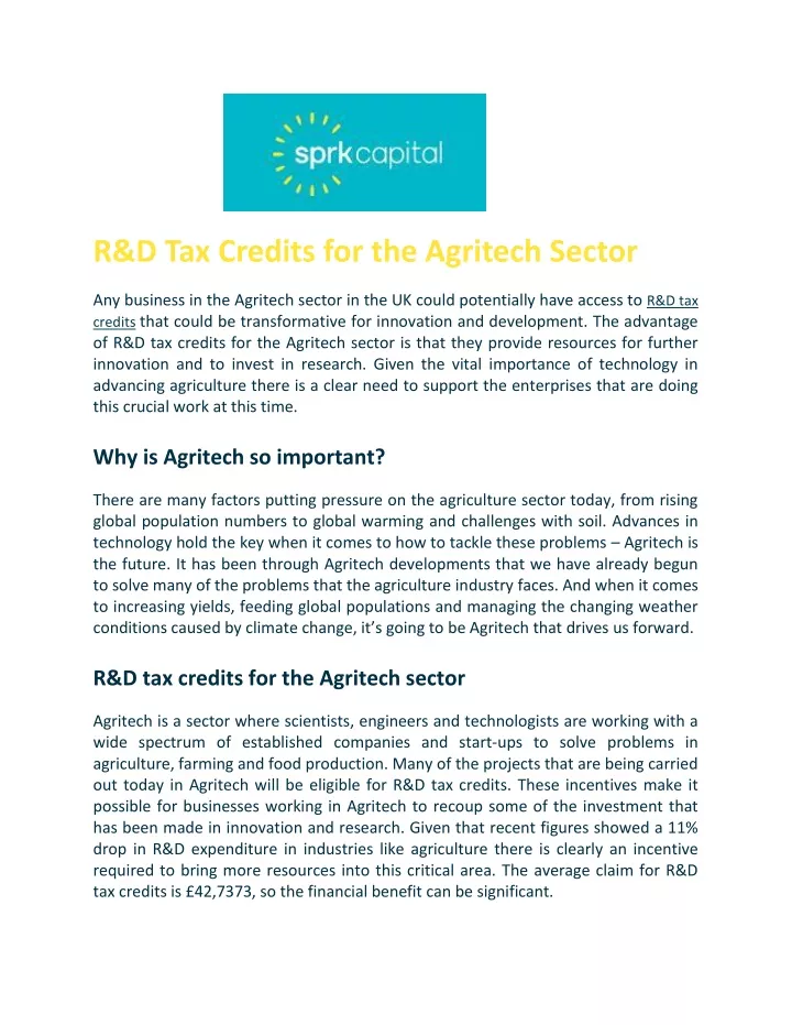 r d tax credits for the agritech sector