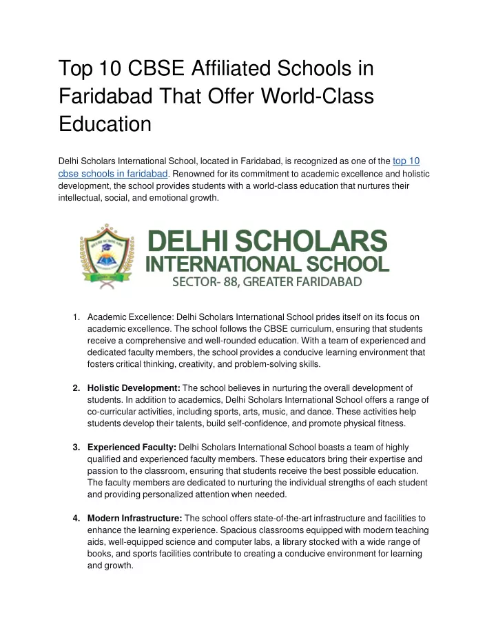 top 10 cbse affiliated schools in faridabad that offer world class education