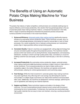 The Benefits of Using an Automatic Potato Chips Making Machine for Your Business