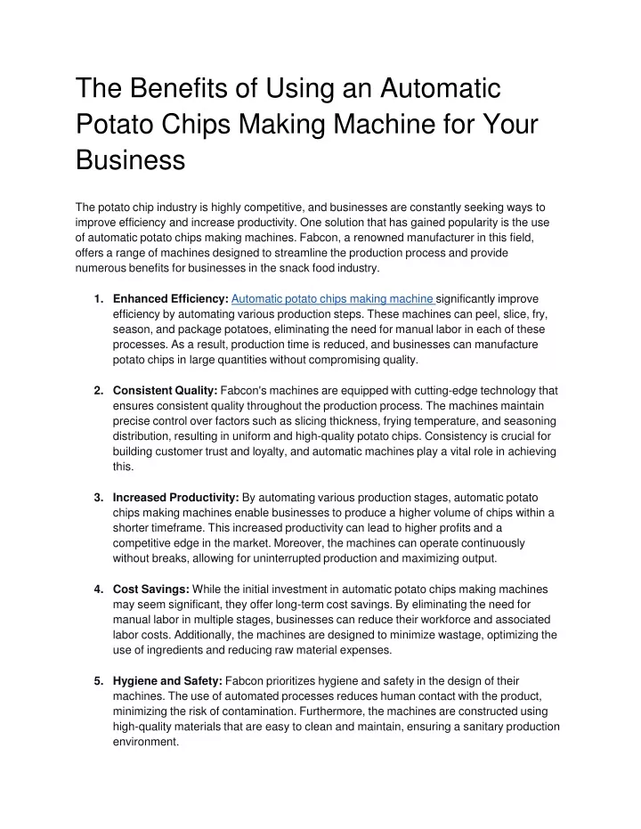 the benefits of using an automatic potato chips making machine for your business