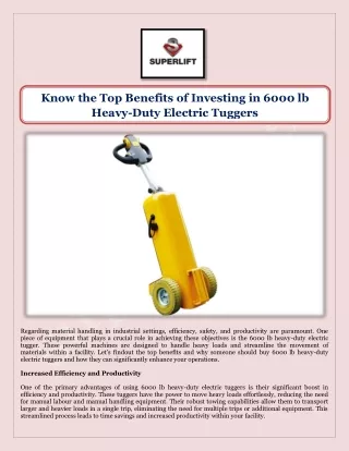 Know the Top Benefits of Investing in 6000 lb Heavy-Duty Electric Tuggers
