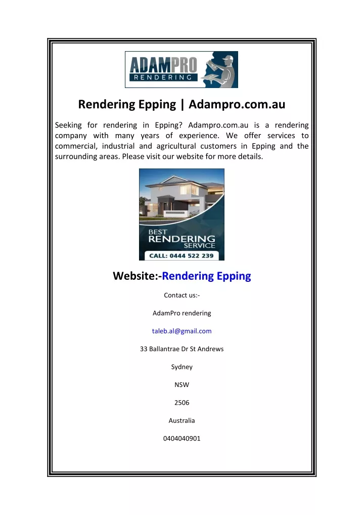 rendering epping adampro com au