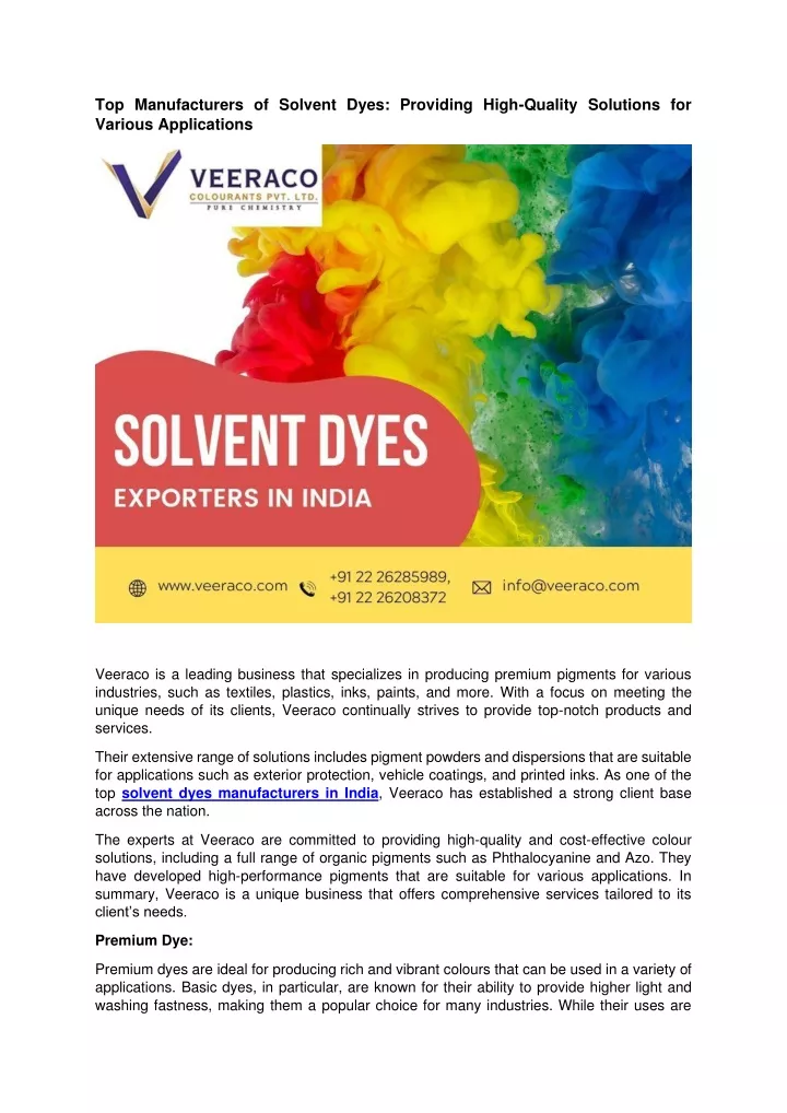 top manufacturers of solvent dyes providing high