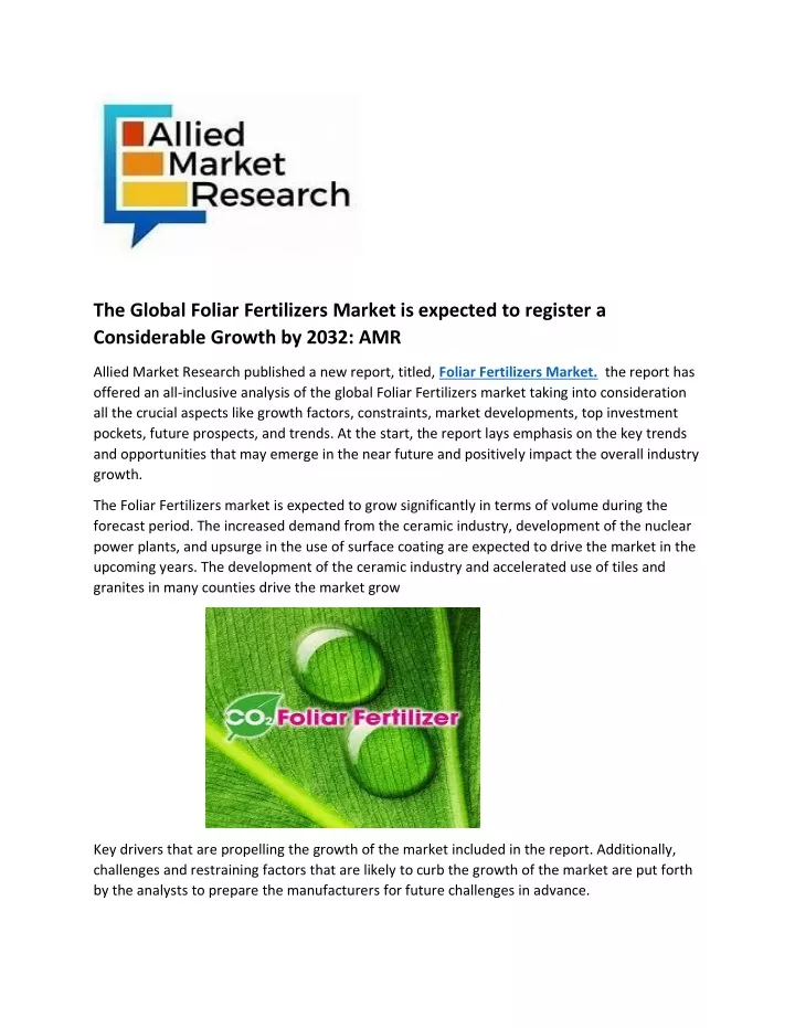 the global foliar fertilizers market is expected