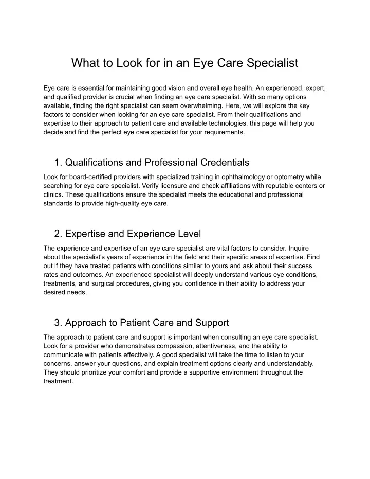 what to look for in an eye care specialist