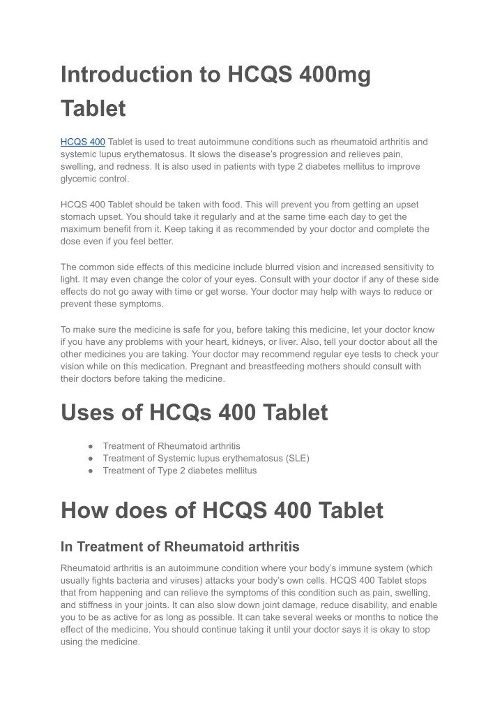 introduction to hcqs 400mg tablet