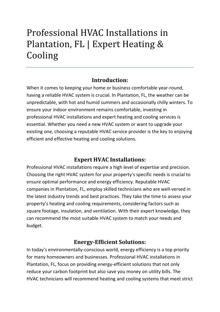 professional hvac installations in plantation