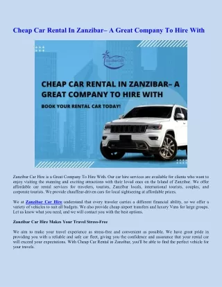 Cheap Car Rental In Zanzibar– A Great Company To Hire With