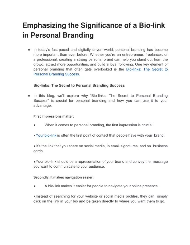 emphasizing the significance of a bio link in personal branding