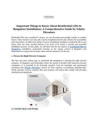 Important Things to Know About Residential Lifts In Bangalore Installation - A Comprehensive Guide by Teknix Elevators