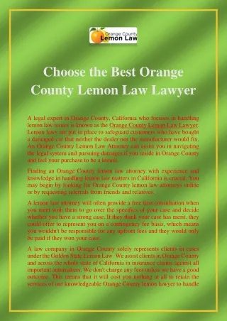 Choose the Best Orange County Lemon Law Lawyer
