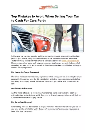 Top Mistakes to Avoid When Selling Your Car to Cash For Cars Perth