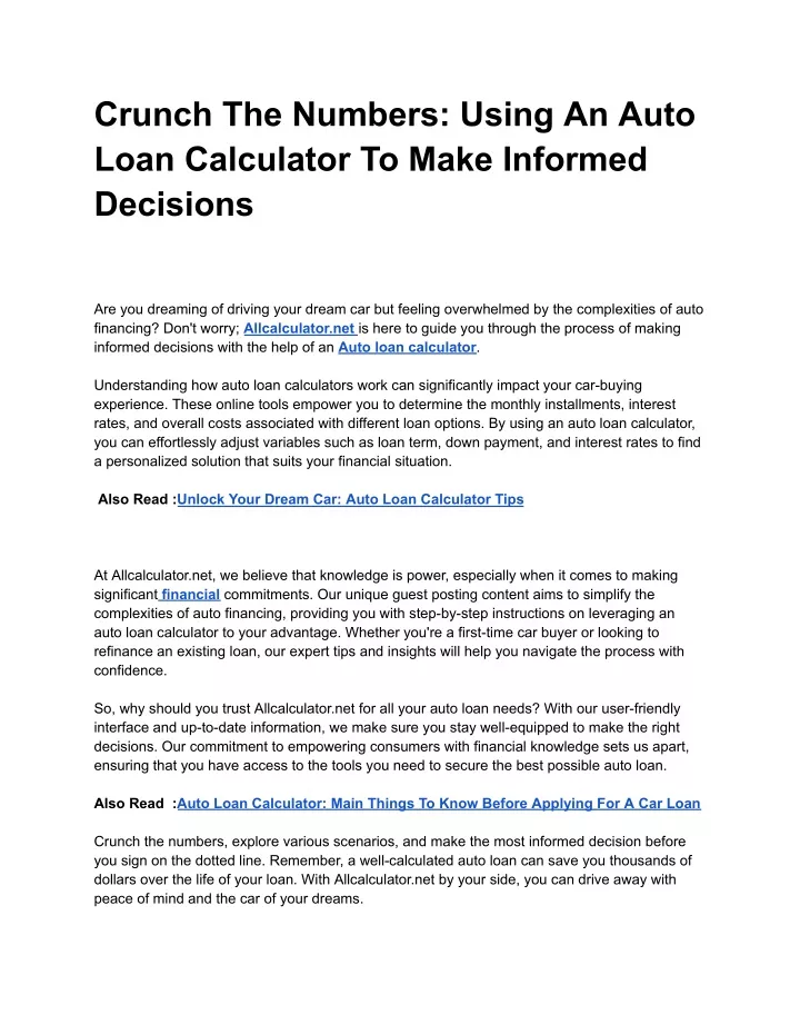 crunch the numbers using an auto loan calculator