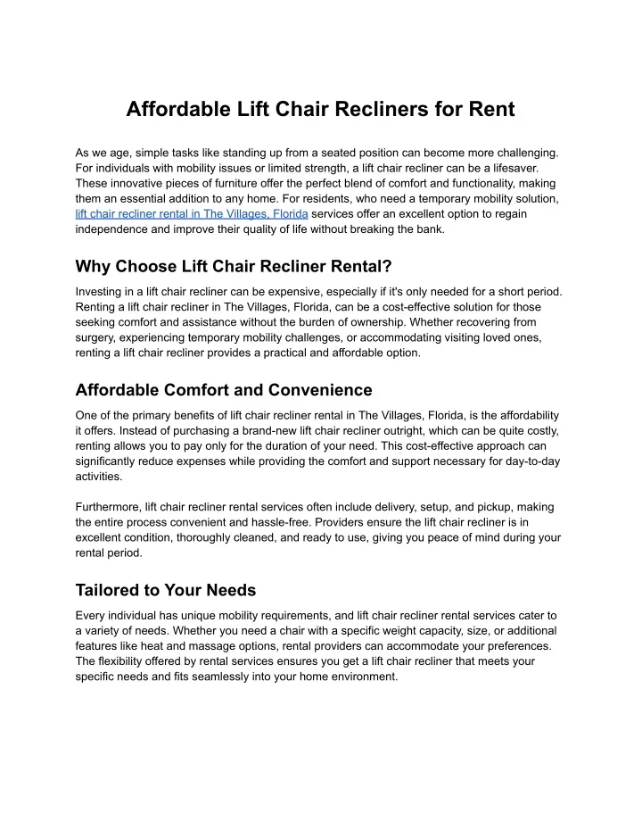 affordable lift chair recliners for rent