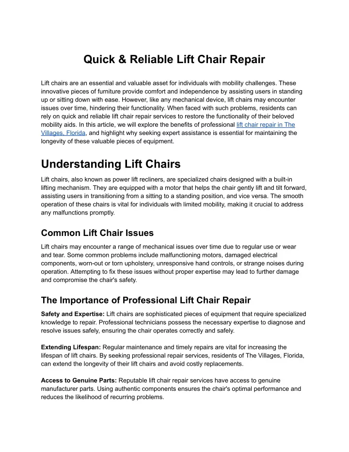 quick reliable lift chair repair