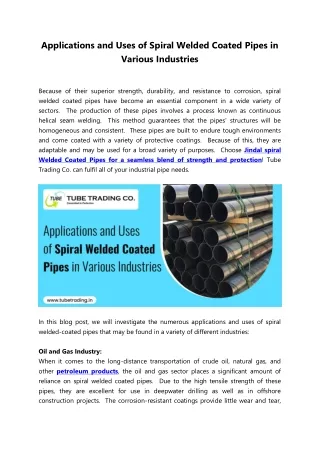 Applications and Uses of Spiral Welded Coated Pipes in Various Industries