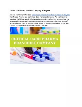 Critical Care Pharma Franchise Company in Haryana