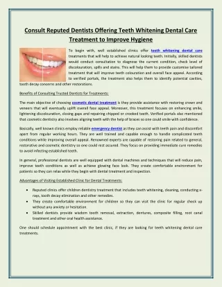 Consult Reputed Dentists Offering Teeth Whitening Dental Care Treatment to Improve Hygiene